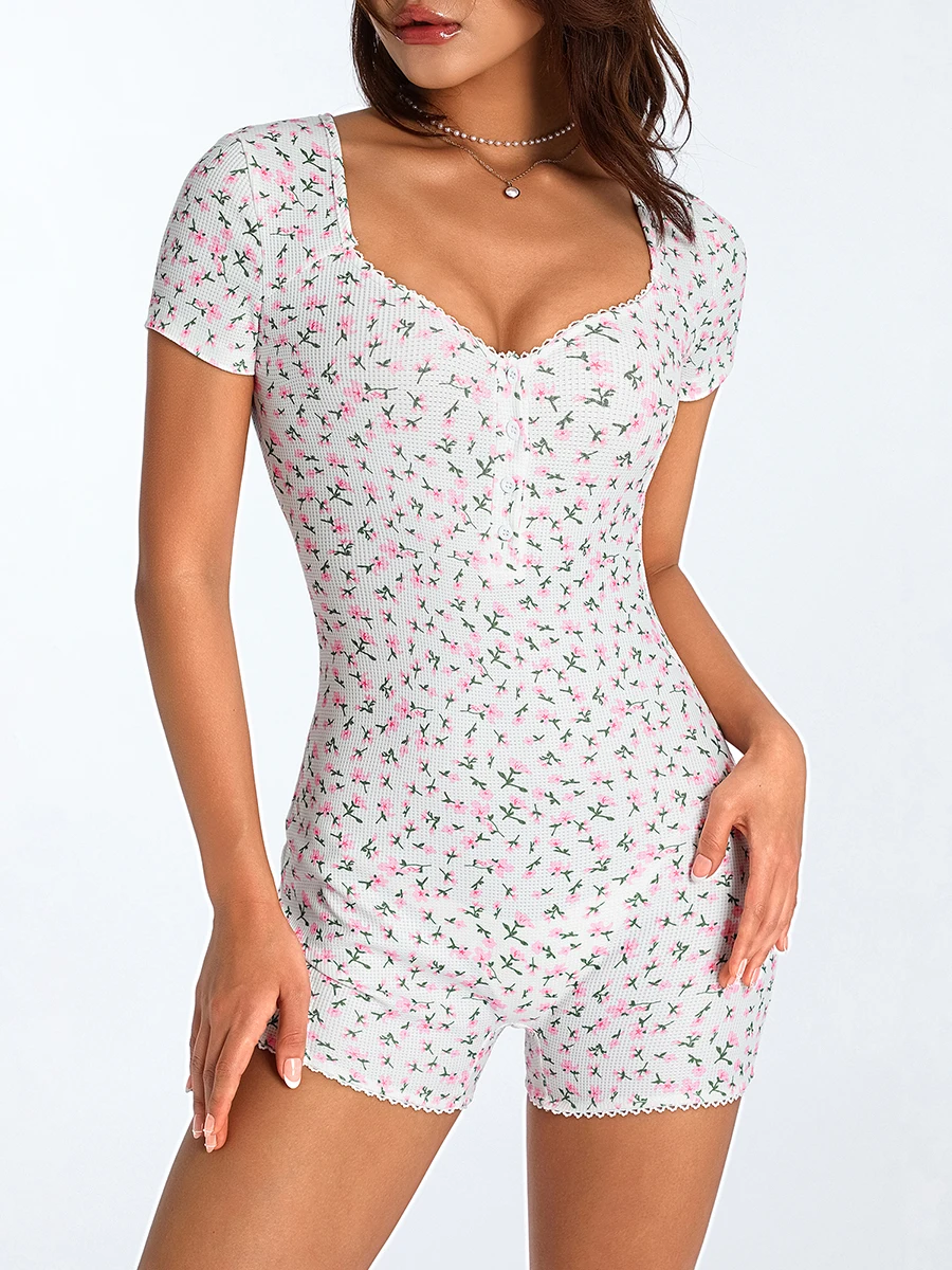 Женский Облегающий комбинезон на пуговицах, короткий комбинезон с короткими рукавами и V-образным вырезом, с цветочным принтом, весна-лето 
Женский Облегающий комбинезон на пуговицах, короткий комбинезон с короткими рукавами и V-образным вырезом, с цветочным принтом, весна-лето