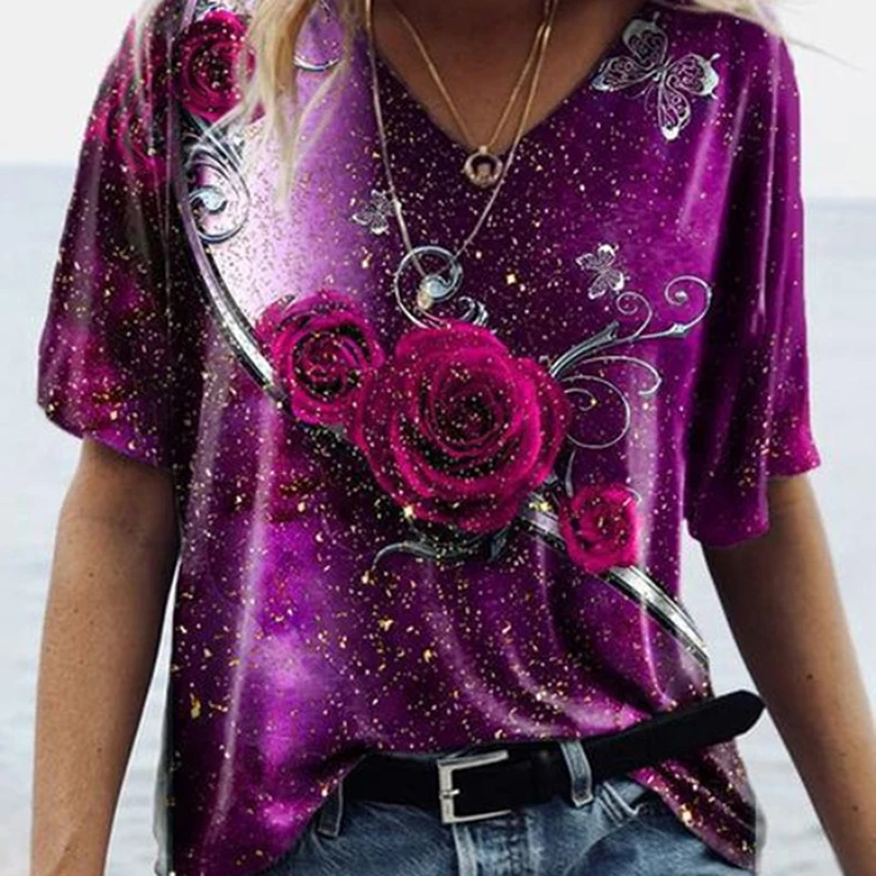 Rose Flower Printed Women T-Shirt Short Sleeve Summer V Neck Ladies Tops Tshirt Fashion Casual Female Blouses Shirt
Rose Flower Printed Women T-Shirt Short Sleeve Summer V Neck Ladies Tops Tshirt Fashion Casual Female Blouses Shirt