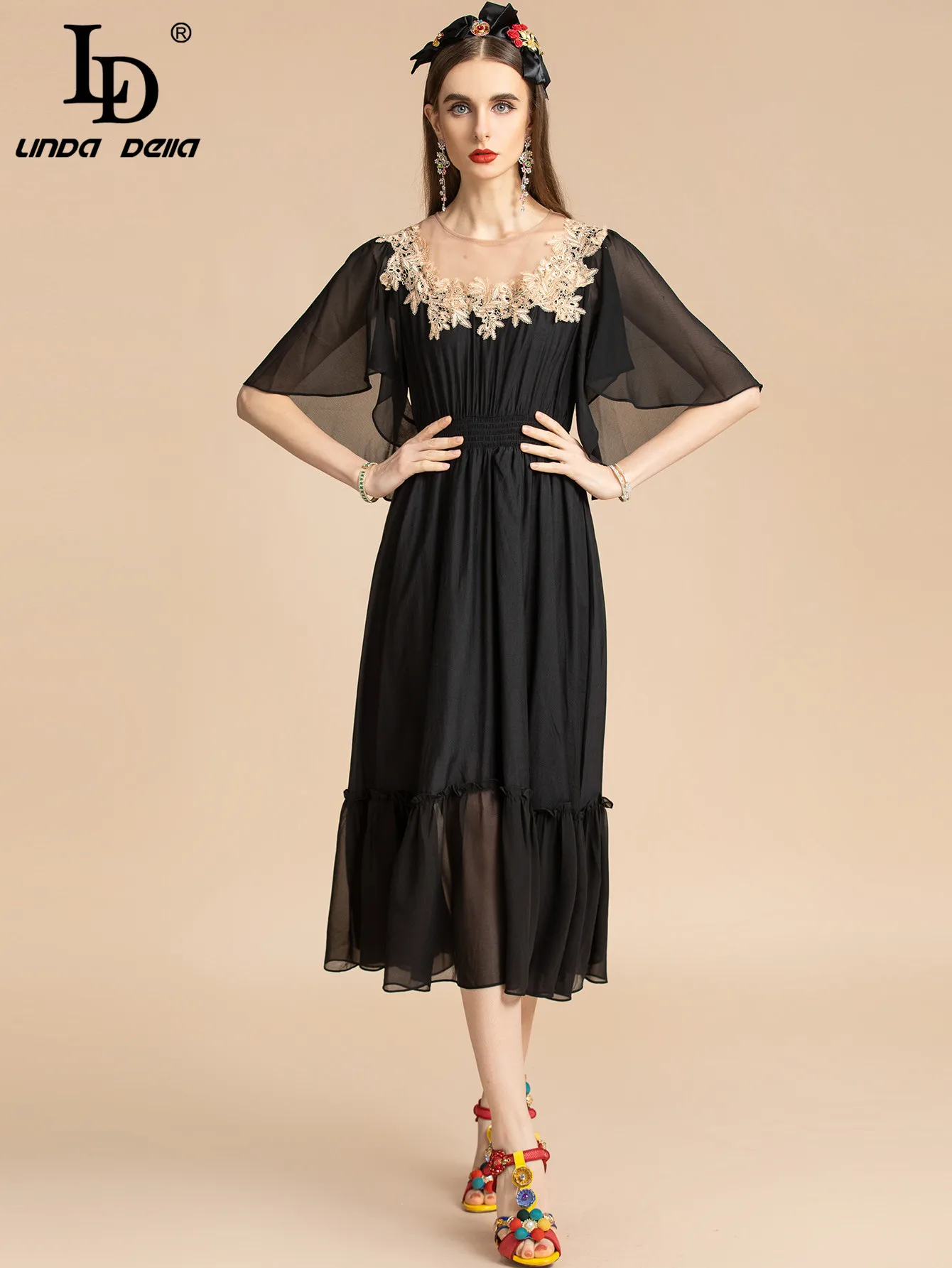 LD LINDA DELLA Fashion Runway Summer Dress Women's Butterfly Sleeve Gold Lace Beading Elastic waist Balck Vintage Party Dress
LD LINDA DELLA Fashion Runway Summer Dress Women's Butterfly Sleeve Gold Lace Beading Elastic waist Balck Vintage Party Dress