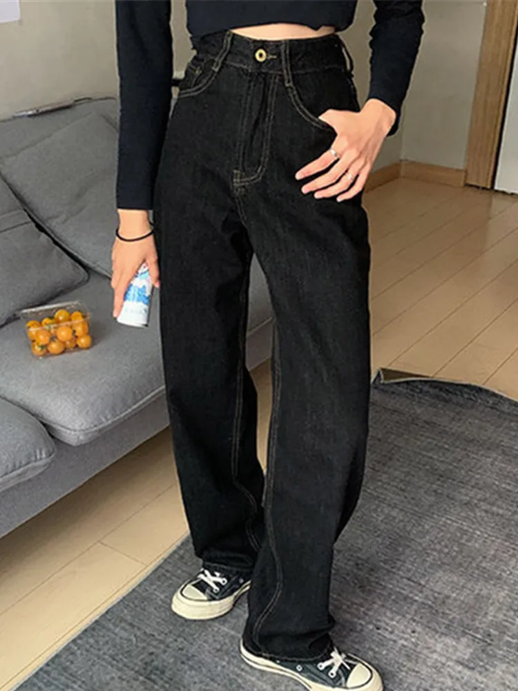 Джинсы женские с широкими штанинами, винтажные брюки с завышенной талией, модная уличная одежда в Корейском стиле, джинсовые прямые брюки из денима, черные 
Джинсы женские с широкими штанинами, винтажные брюки с завышенной талией, модная уличная одежда в Корейском стиле, джинсовые прямые брюки из денима, черные
