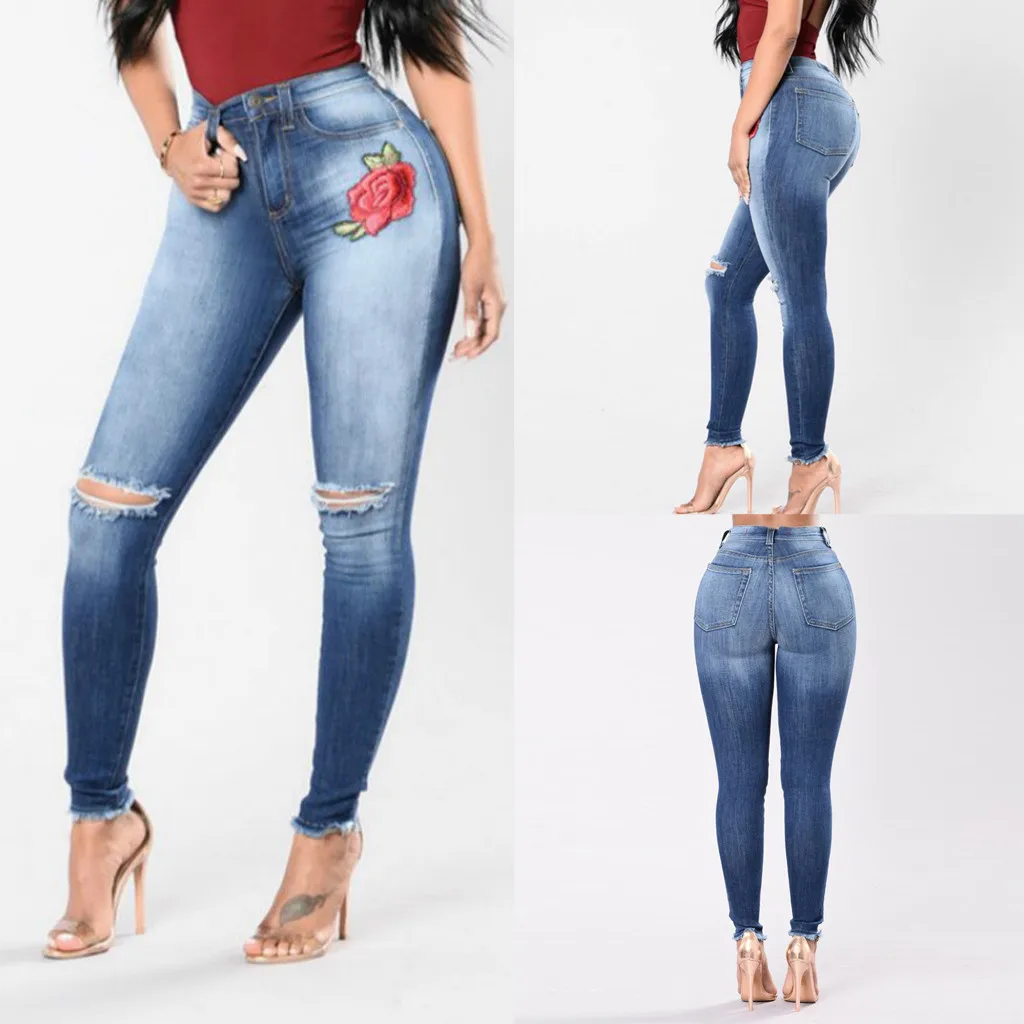 

Высокая талия обтягивающие джинсы с принтом женские 2023 модные брюки однотонные брюки высокая эластичность рваные брюки размера плюс S-4xl
