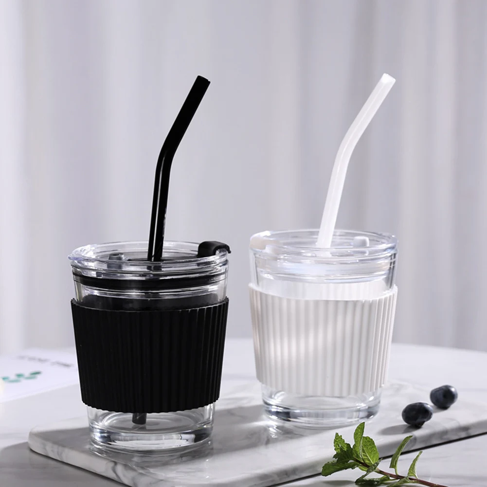 

1PC Simple Transparent Water Juice Glass Cups With Straw With Lid Drinking Coffee Cup Cup Cover Anti Scalding Drinkware