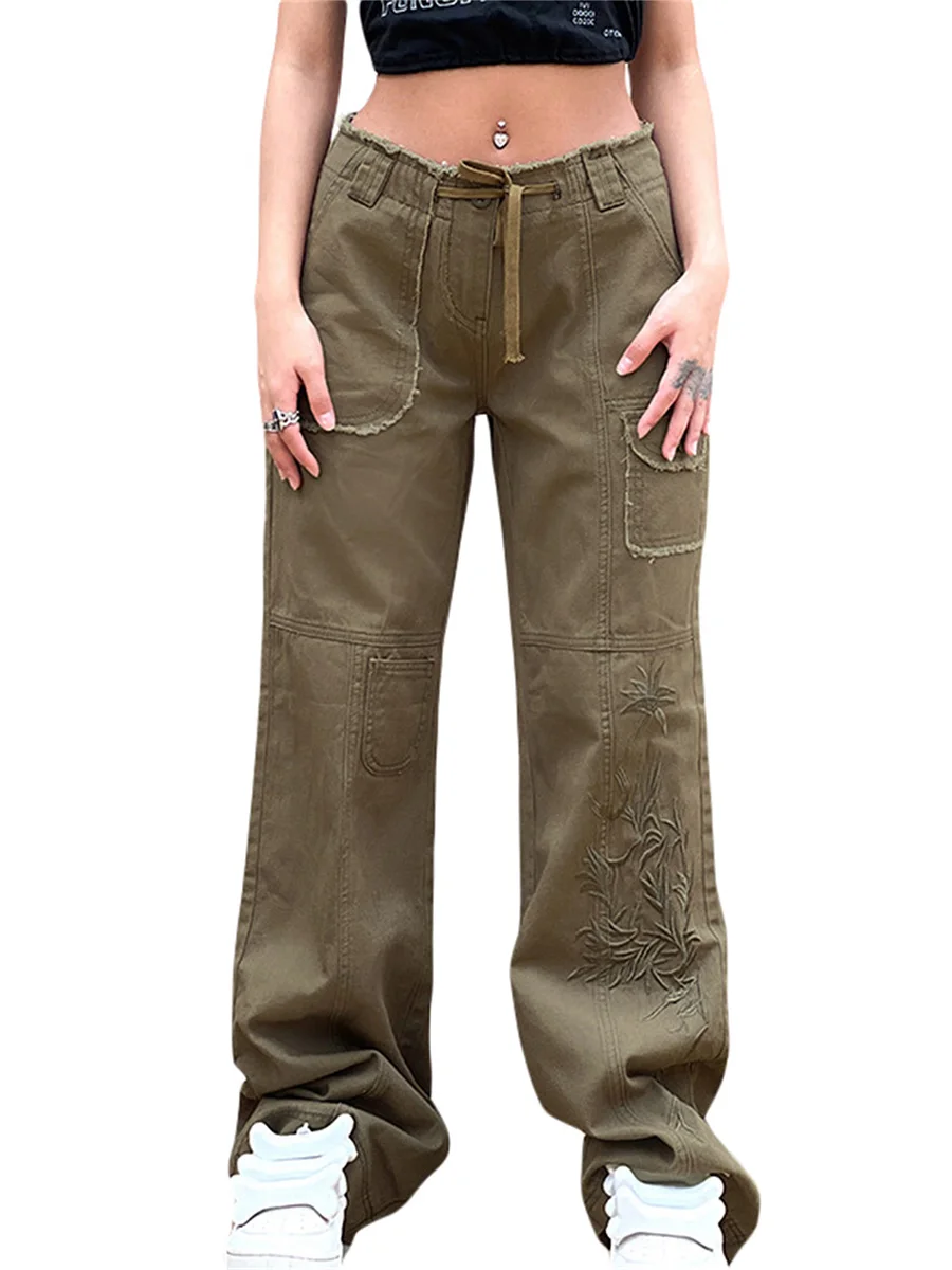 Women Casual Cargo Trousers Solid Embroidery Flower Pattern Harajuku Style Low Rise Drawtring Cargo Pants with Pockets
Women Casual Cargo Trousers Solid Embroidery Flower Pattern Harajuku Style Low Rise Drawtring Cargo Pants with Pockets