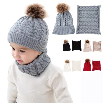 Knitted Kids Hat Scarf Set New Ear Protection Neck Warmer Pompom Beanies Solid Color Outdoor Warm Baby Hats Boys Girls