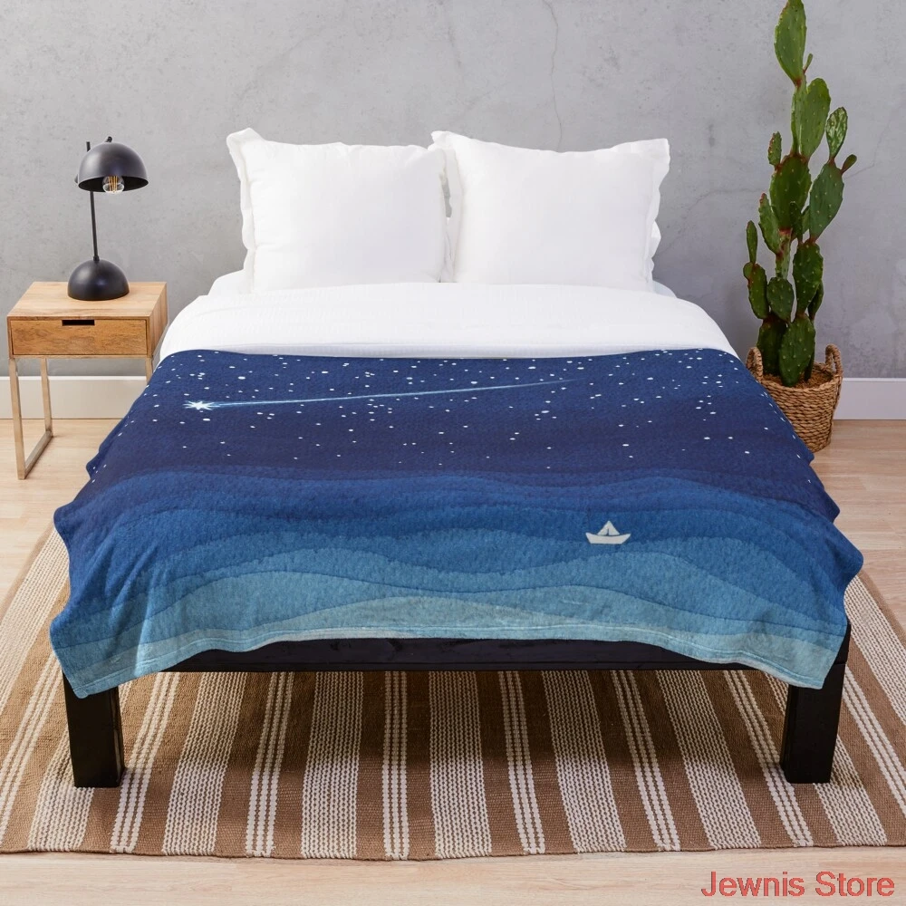 

Falling star shooting star sailboat ocean waves blue sea Blanket Print on Demand Decorative Sherpa Blankets for Sofa bed Gift