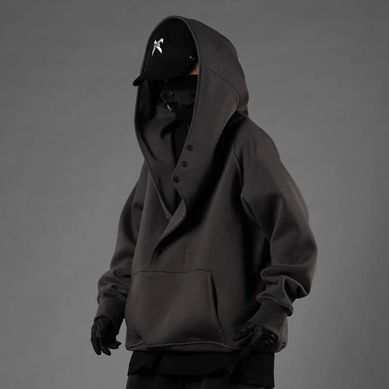 

Unisex Oblique Placket Hooded Sweater Casual Functional over Hoodie Comfortle Men'S Clothes Harajuku Hiphop Streetwear