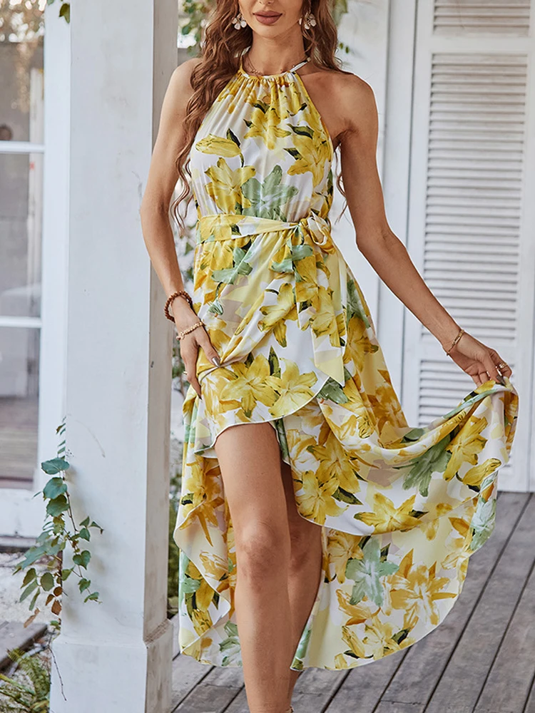 2022 Spring Summer Sexy Sleeveless Halter Long Beach Dress Elegant Floral Printed Lace-up Loose Dress Ladies Fashion Women Dress
2022 Spring Summer Sexy Sleeveless Halter Long Beach Dress Elegant Floral Printed Lace-up Loose Dress Ladies Fashion Women Dress
