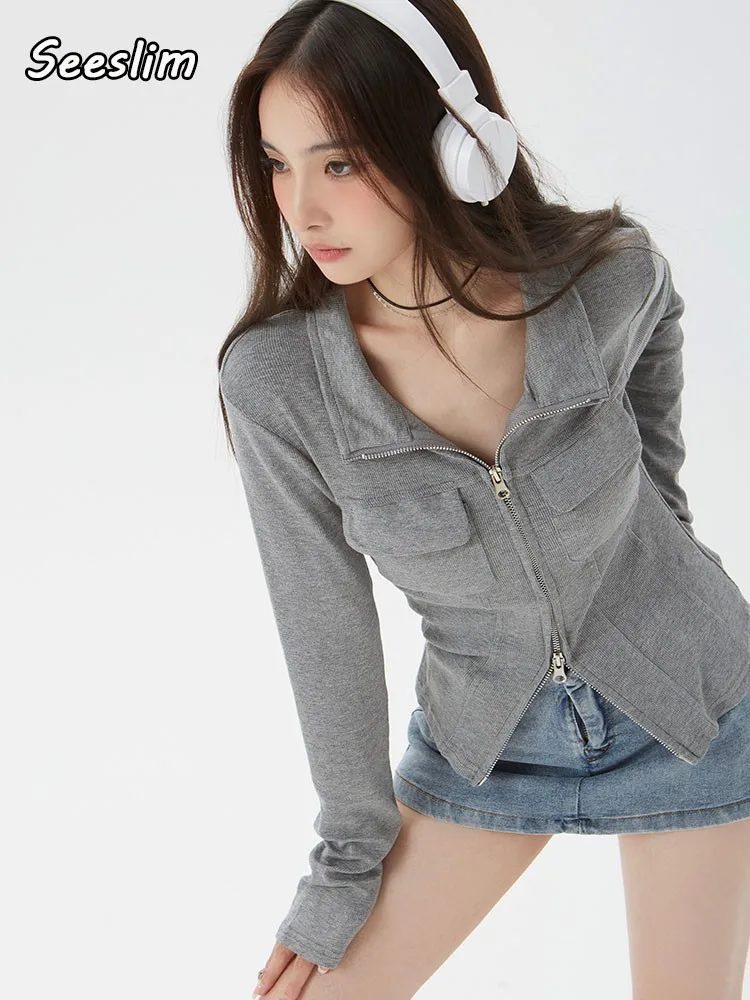 

Seeslim Hotsweet Grey Turn-down Collar Zipper T Shirt Women Clothes Long Sleeve Slim Harajuku Tee Shirt Femme Y2k Ladies Tops