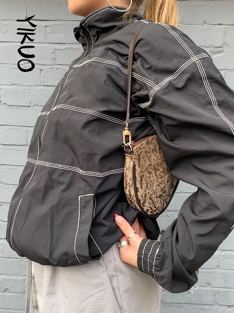 YIKUO Contrast Stripe Stitched Black Bomber Jackets Women Cargo Style Zip Up Stand Collar Fall Coats Casual Streetwear Cloth
YIKUO Contrast Stripe Stitched Black Bomber Jackets Women Cargo Style Zip Up Stand Collar Fall Coats Casual Streetwear Cloth
