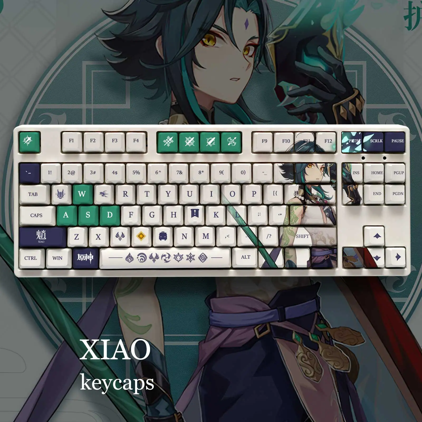 

Genshin Impact Theme XIAO Pbt Material Keycaps 108 Keys Set for 61 87 104 108 Key Mechanical Keyboard Oem Profile