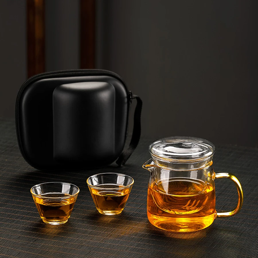 

Стеклянный дорожный чайный набор, Простые портативные чашки ручной работы, кунг-фу, один маленький набор, самовар, однотонные чайники, чайни...