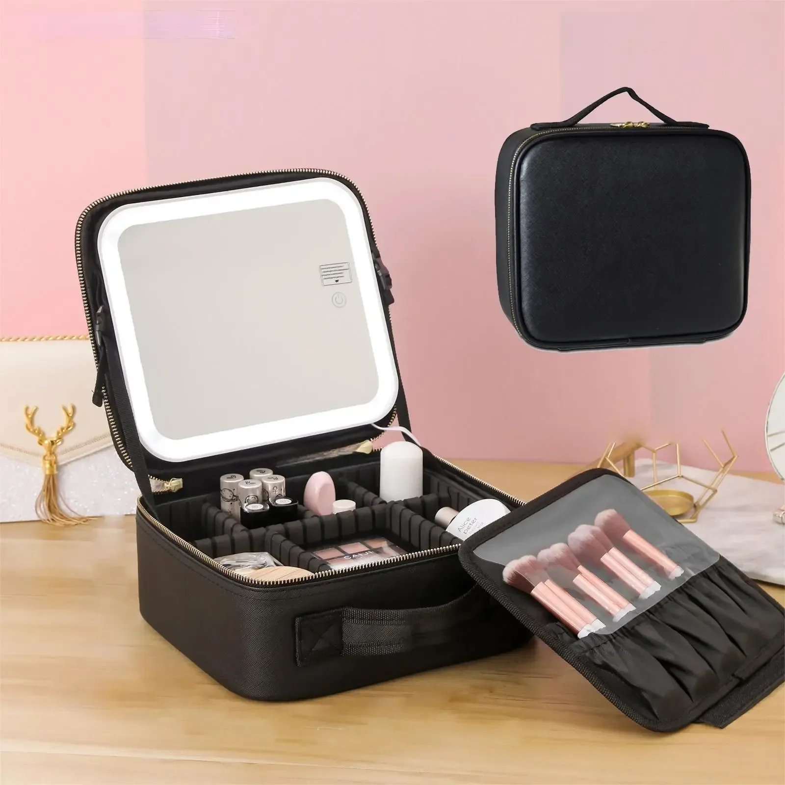 

Новая дорожная Женская косметическая сумка, умная светодиодная искусственная кожа с подсветкой, водонепроницаемое большое зеркало для макияжа