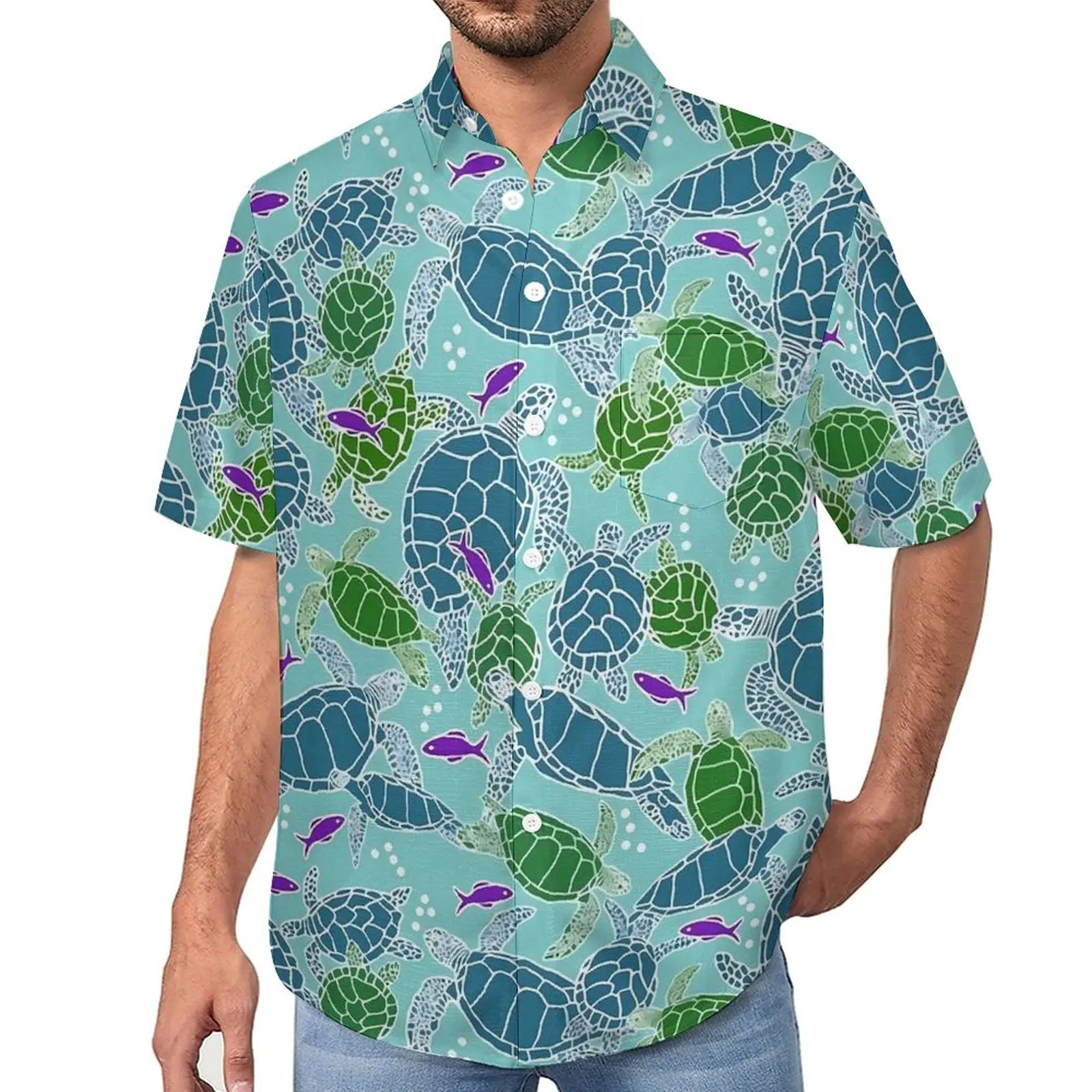 

Green Sea Turtles Blouses Man Purple Fish Casual Shirts Summer Short Sleeve Custom Vintage Oversize Vacation Shirt Gift Idea