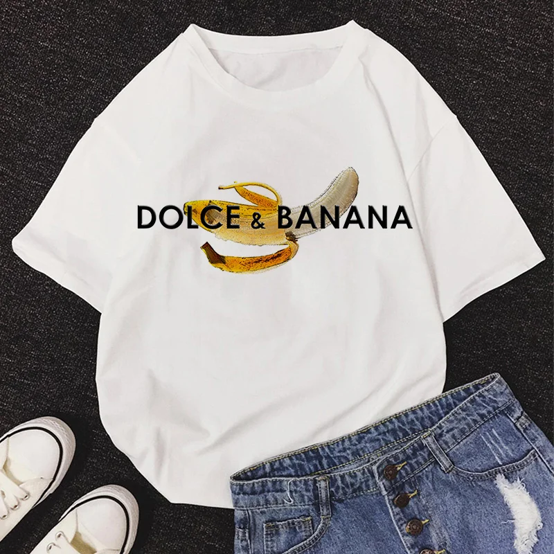 

2021 New Summer DOLCE & BANANA Print T-Shirt Women O-Neck Short Sleeve Cute Cartoon T Shirt For Girls Students Lady Tops Tshirt