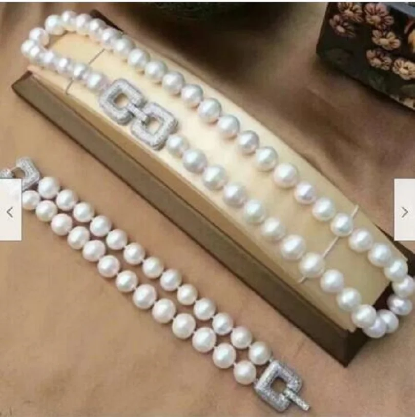 

gorgeous two strand 9-10mm south sea round white pealr necklac9 &bracelet 7.5-8"