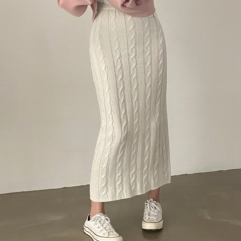 

Korean Fashion Knitting Midi Skirt Woman Elastic High Waist Solid Color Basics Mid-length Long Skirts Women Winter Dropshipping