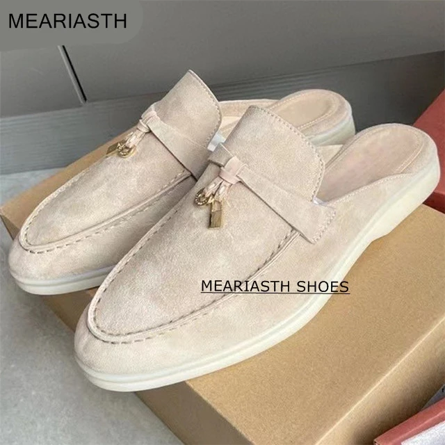 

meariasth Covered toe Flat Mules Summer Walk Slides Natural Suede Leather Loafers Comfort Casual Outdoor Slippers Women Shoes