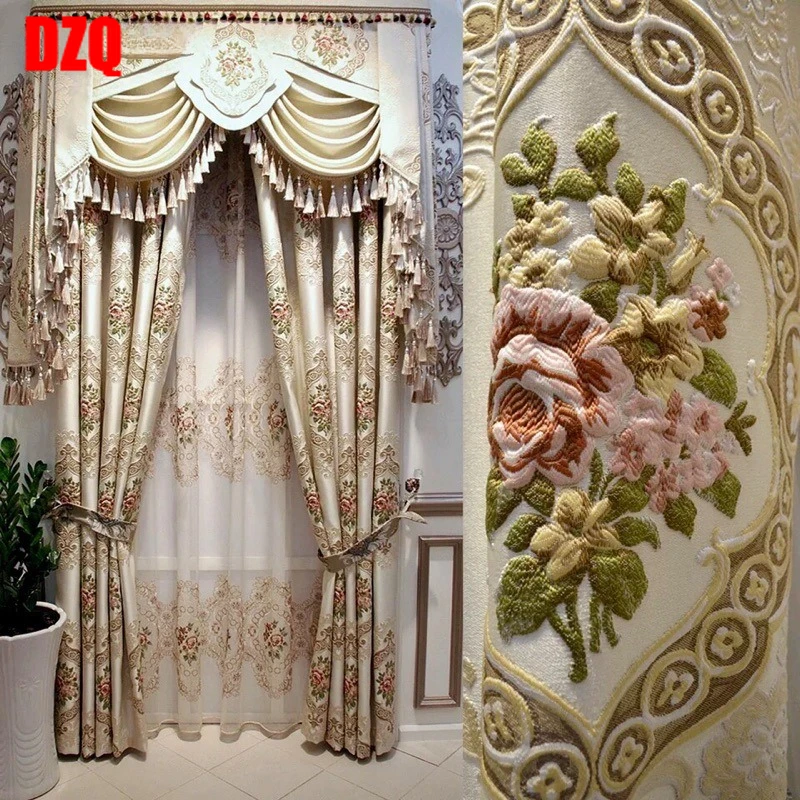

European Embossed Color Woven Jacquard Thickened Blackout Curtains for Living Dining Room Bedroom Heat Insulation Finished