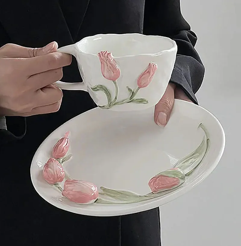 

3D трехмерные рельефные тюльпаны синие розовые простые человеческие романтические кофейные стандартные блюда