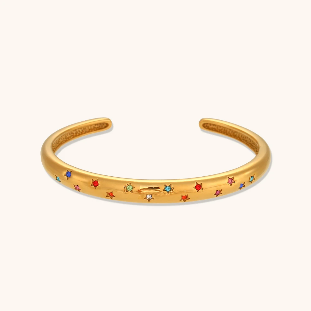 18K PVD Gold Plated Dainty Female Zircon Stone Opening Bangles Shiny Colorful Stars Bracelet For Women Cute Waterproof Bracelet 
18K PVD Gold Plated Dainty Female Zircon Stone Opening Bangles Shiny Colorful Stars Bracelet For Women Cute Waterproof Bracelet
