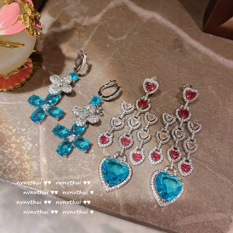 Vintage Navy Blue Peach Heart Gem Earrings Plating Eight Hearts and Eight Arrows Aquamarine Heart-Shaped Zircon Colorful
Vintage Navy Blue Peach Heart Gem Earrings Plating Eight Hearts and Eight Arrows Aquamarine Heart-Shaped Zircon Colorful