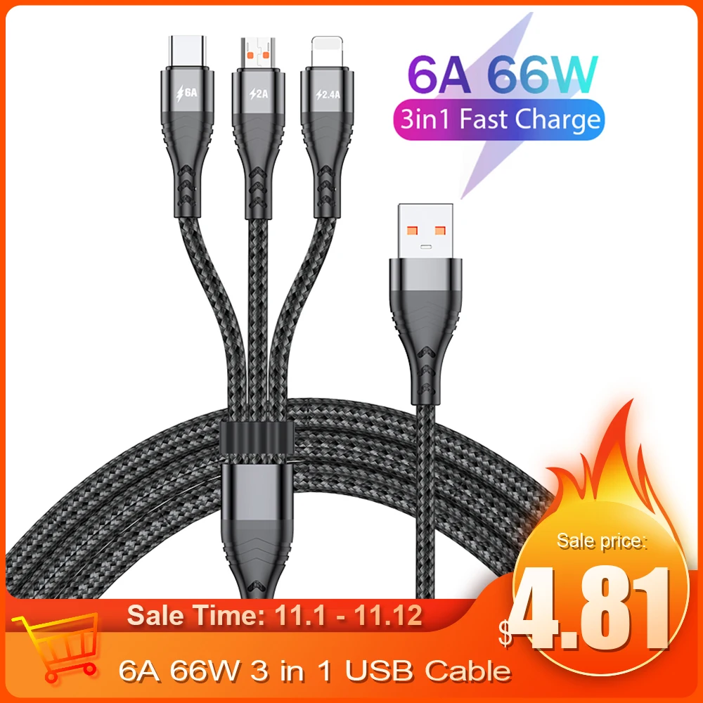 6A 66W 3 in 1 USB Type C Micro USB Cable For iphone 14 13 12 Xiaomi POCO F3 Realme Mobile Phones Fast Charging Charger Cord Wire
6A 66W 3 in 1 USB Type C Micro USB Cable For iphone 14 13 12 Xiaomi POCO F3 Realme Mobile Phones Fast Charging Charger Cord Wire