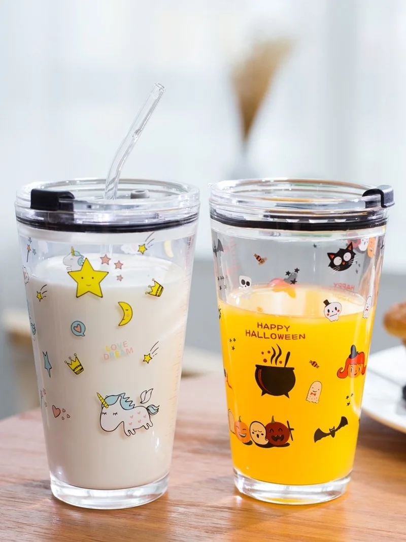 

450ml Graduated Glass Cups Printed Unicorn Cute Cartoon Juice Milk Water Bottle Heat-Resistant Glass Straw Type Drinkware Gifts