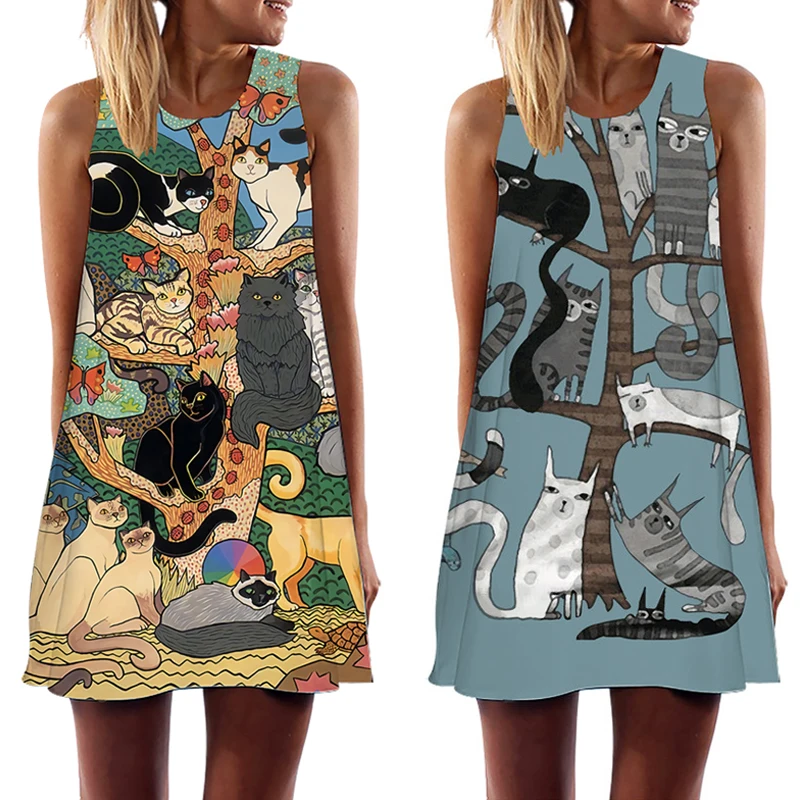 2022 Summer Women Vest Dress Vintage Cat Printed O-Neck Sleeveless Mini Dress Casual Female Loose Sweet A-Line Sundress Vestidos
2022 Summer Women Vest Dress Vintage Cat Printed O-Neck Sleeveless Mini Dress Casual Female Loose Sweet A-Line Sundress Vestidos