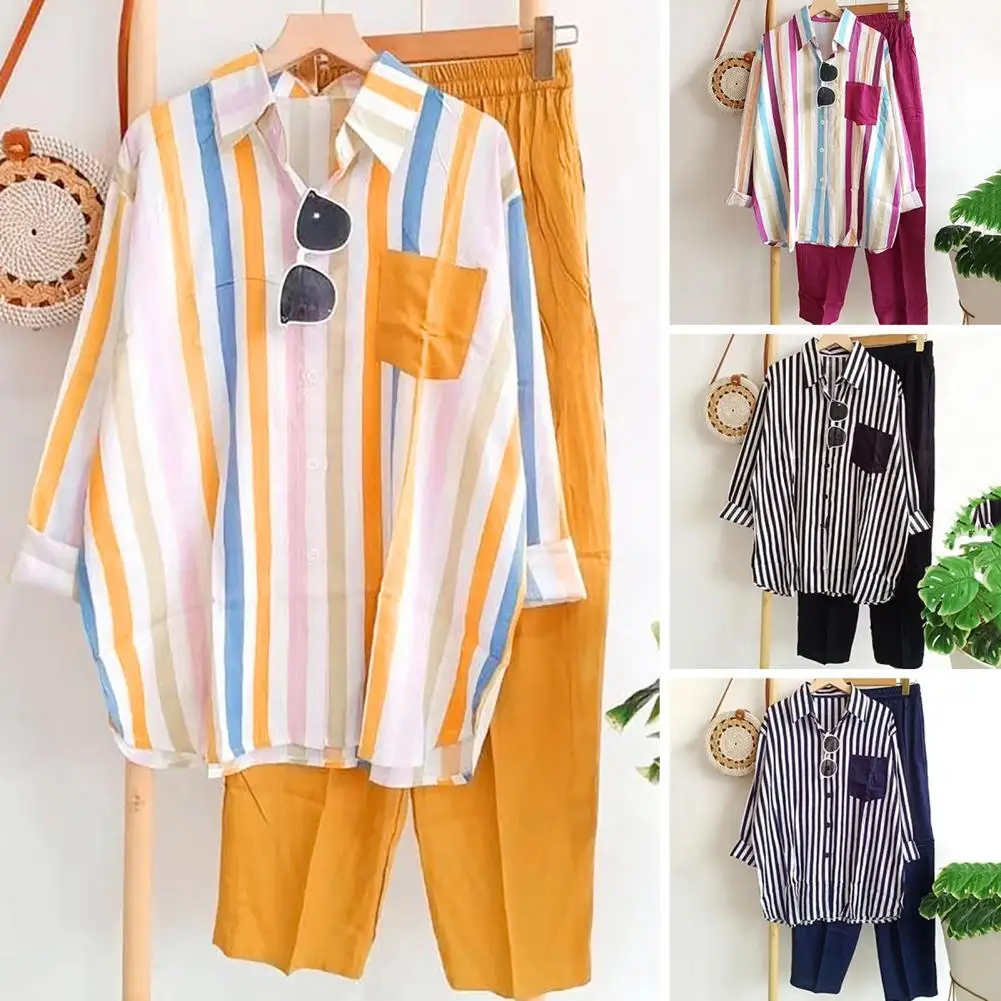 2Pcs/Set Shirt Pants Set Long Sleeve Trendy Elastic Waist Breathable Polyester Stripes Blouse Pants Suit Spring Top Women
2Pcs/Set Shirt Pants Set Long Sleeve Trendy Elastic Waist Breathable Polyester Stripes Blouse Pants Suit Spring Top Women