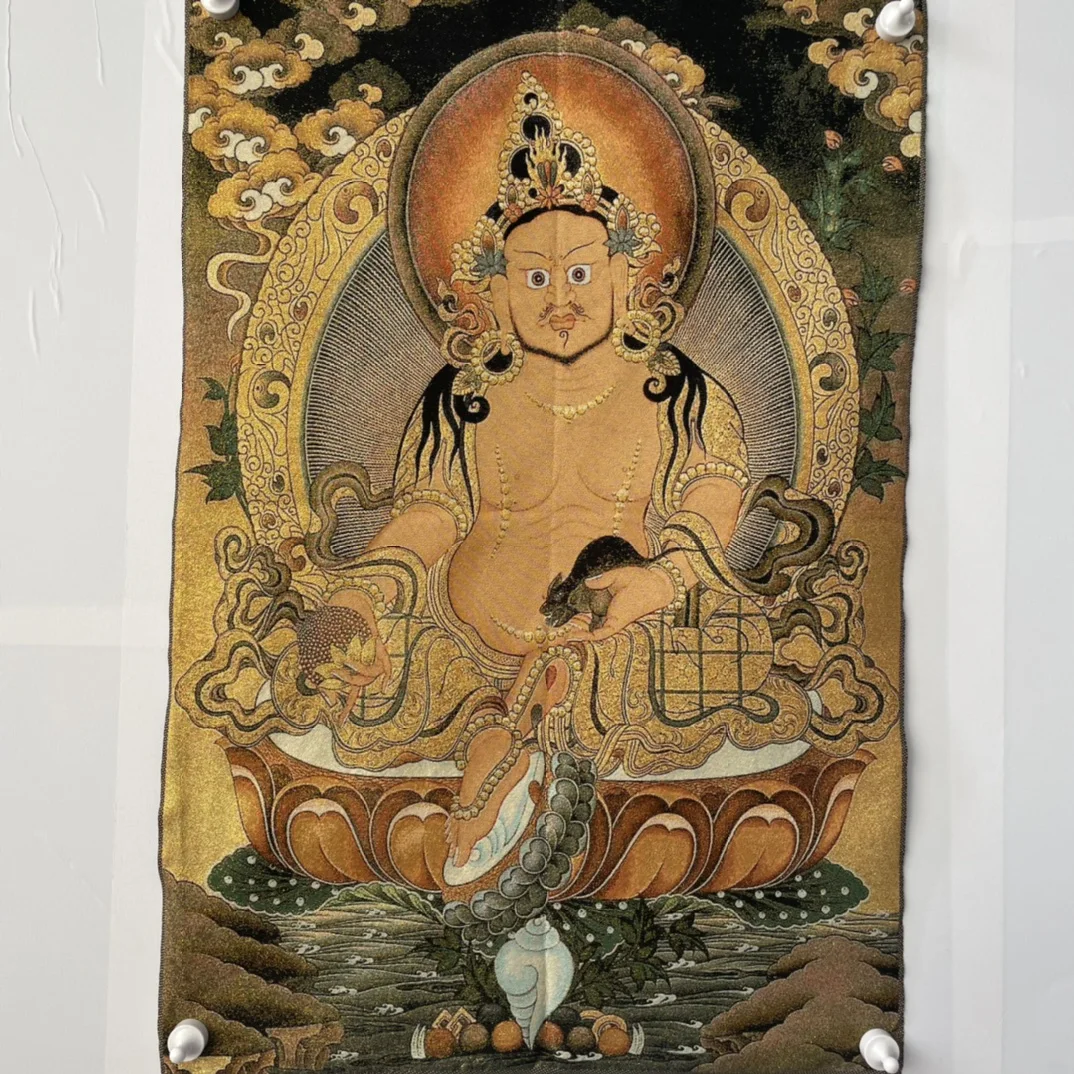 

35"Thangka Embroidery Tibetan Buddhism silk brocade Yellow Jambhala Huang Caishen God of Wealth Buddha thangka hanging screen