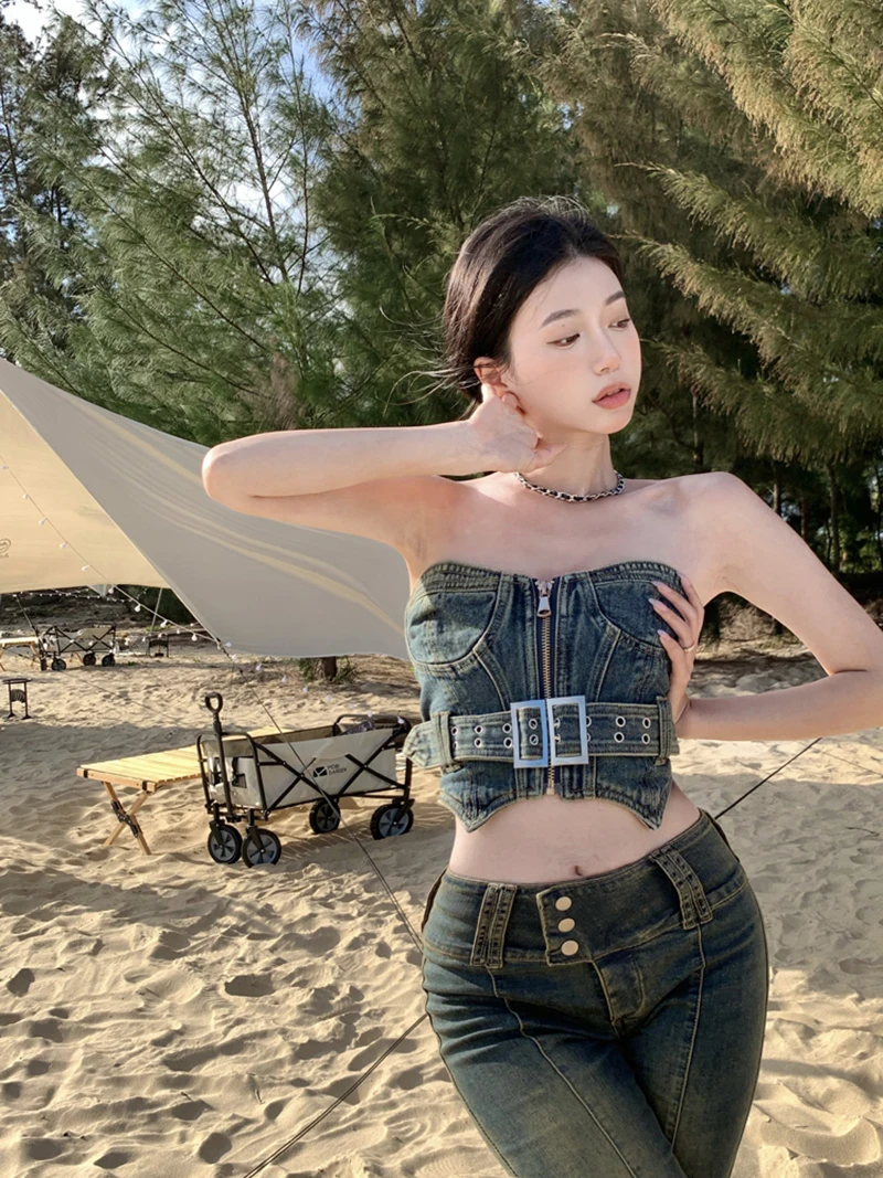 Vintage Sexy Moto Strapless Camis Top 2 Piece Set Women Summer Jeans Trousers With Camis Top Two-Piece Set Women
Vintage Sexy Moto Strapless Camis Top 2 Piece Set Women Summer Jeans Trousers With Camis Top Two-Piece Set Women