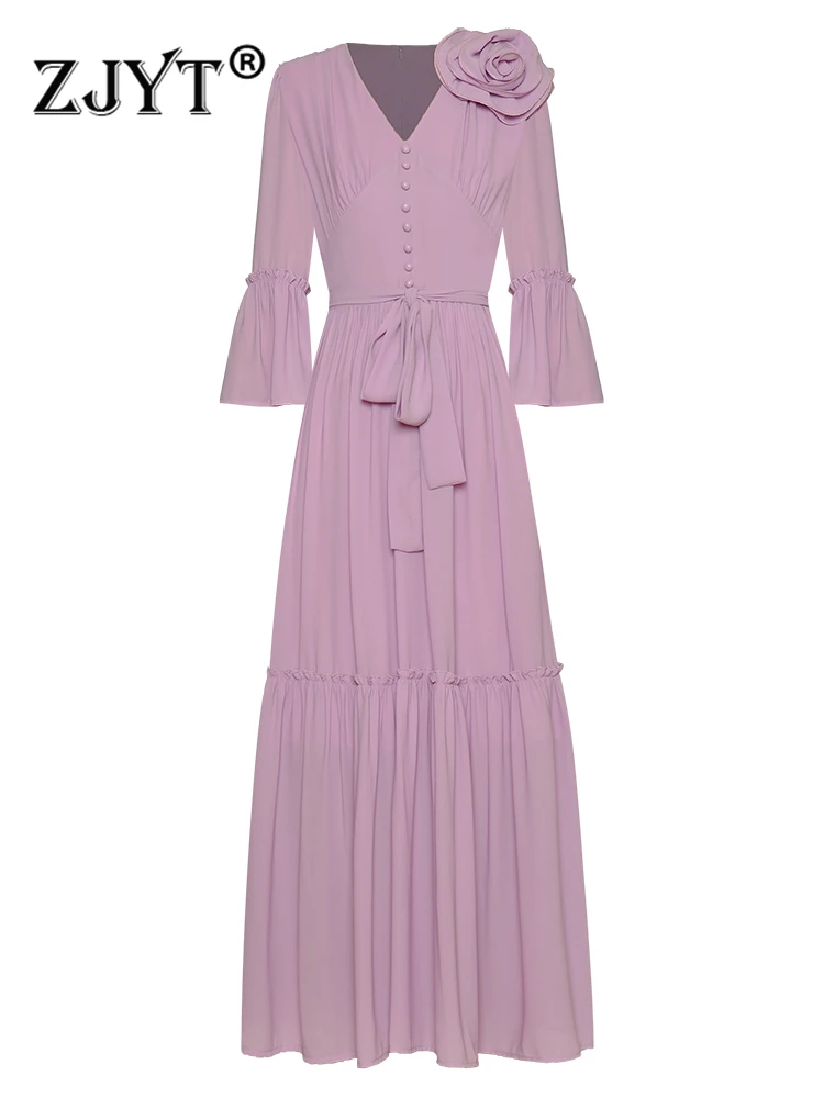 ZJYT Runway Autumn 3D Floral Party Long Dresses for Women 2023 Elegant Flare Sleeve Vestidos De Mujer VNeck Purple Holiday Robe
ZJYT Runway Autumn 3D Floral Party Long Dresses for Women 2023 Elegant Flare Sleeve Vestidos De Mujer VNeck Purple Holiday Robe