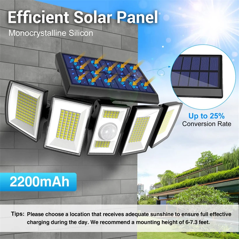 5 Heads Solar Lights Outdoor Lamp With Motion Sensor 300 LED Street Light Waterproof 360° Adjustable Wide Angle Security Lights
5 Heads Solar Lights Outdoor Lamp With Motion Sensor 300 LED Street Light Waterproof 360° Adjustable Wide Angle Security Lights