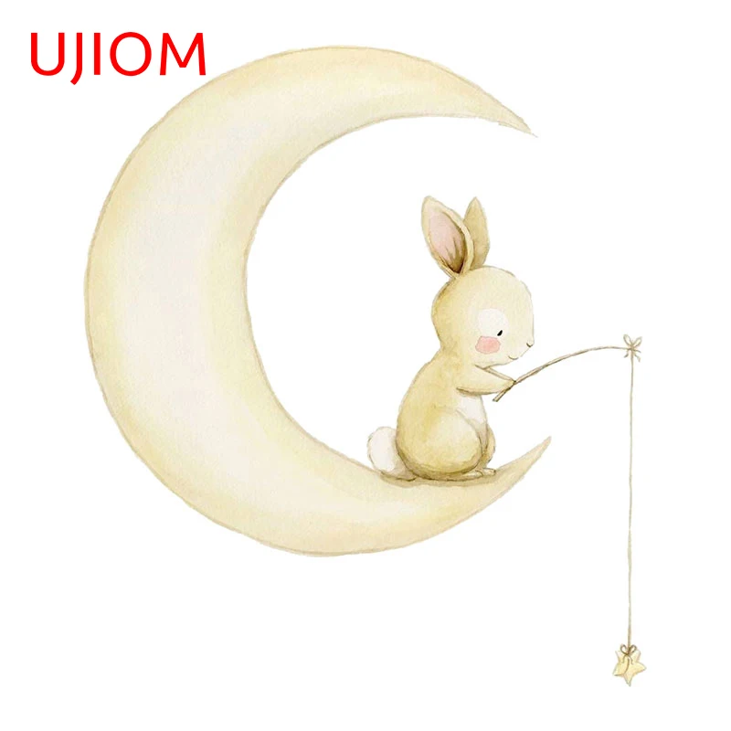 

UJIOM 13cm x 11.4cm Cartoon Rabbit Sleeping on The Moon Car Stickers Vinyl Decal Waterproof Trunk Graphics Car Accessories