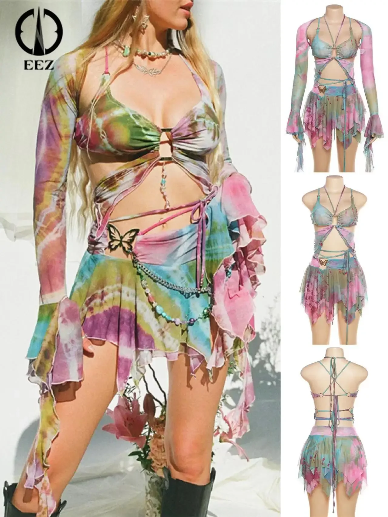 Y2K Three Piece Set Women Irregular Drawstring Ruffles Butterfly Shape Mini Skirt Girl Kawaii Flared Sleeve See-Through Crop Top
Y2K Three Piece Set Women Irregular Drawstring Ruffles Butterfly Shape Mini Skirt Girl Kawaii Flared Sleeve See-Through Crop Top