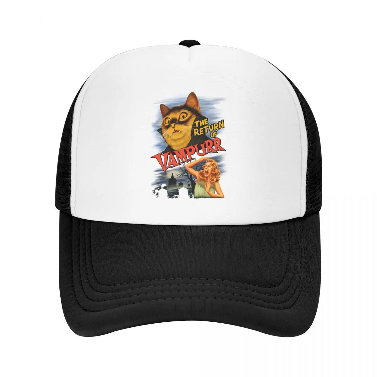 

Halloween Cat Trucker Hat for Men Women Breathable The Return Of Vampurr Monster Baseball Cap Outdoor Snapback Caps Sun Hats