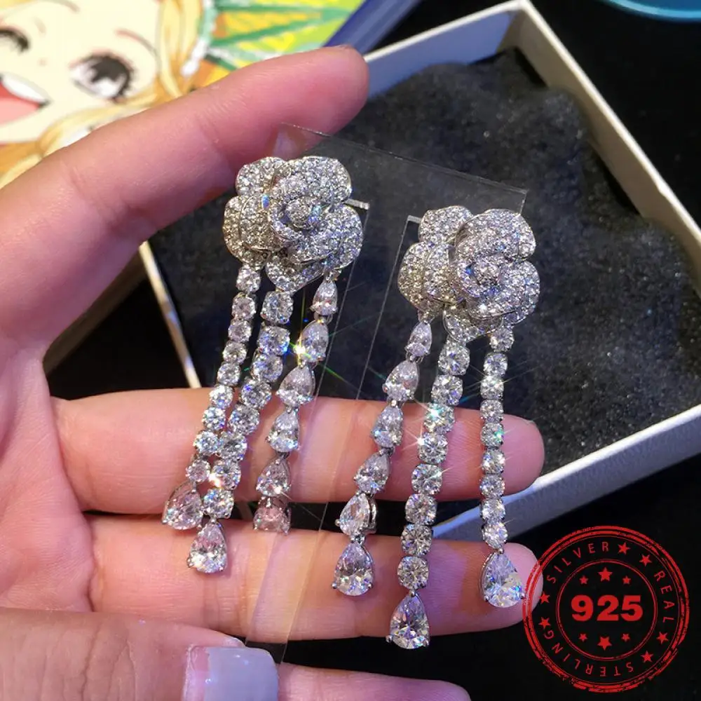 

HOYON Camellia Fringe Long S925 Silver Jewelry Earrings New Fashion Earrings Inlaid Zircon Drop Flower Earrings