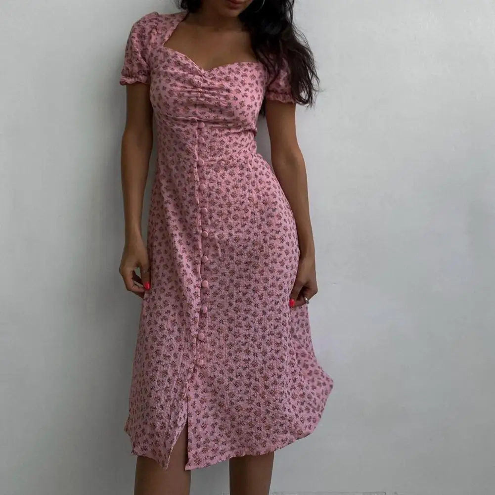 

Женское приталенное платье миди, винтажное офисное платье с цветочным принтом, квадратным вырезом и коротким рукавом, весна-лето