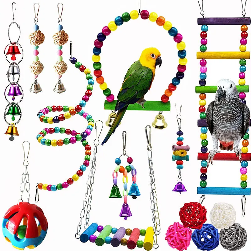 

Combination Bird Toys Set Swing Chewing Training Toys Small Parrot Hanging Hammock Parrot Cage Bell Perch Toys with Ladder Toys