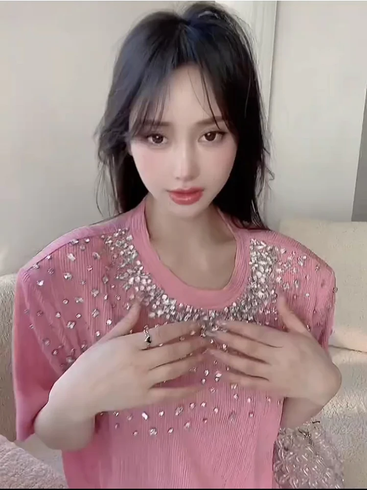 Sweet Pink Exquisite Rhinestone Short-Sleeve T-shirt Women 2023 Summer New Korean Style Mid-Length Loose Oversized T Shirt Top
Sweet Pink Exquisite Rhinestone Short-Sleeve T-shirt Women 2023 Summer New Korean Style Mid-Length Loose Oversized T Shirt Top