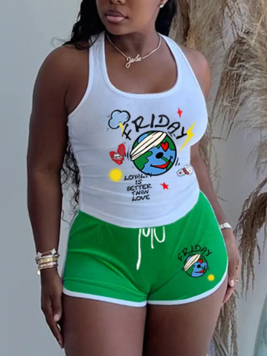 LW Cartoon Letter Print Shorts Set U Neck Sleeveless Tank Top&Drawstring Matching Bottoms Women Daily 2pcs Suits
LW Cartoon Letter Print Shorts Set U Neck Sleeveless Tank Top&Drawstring Matching Bottoms Women Daily 2pcs Suits