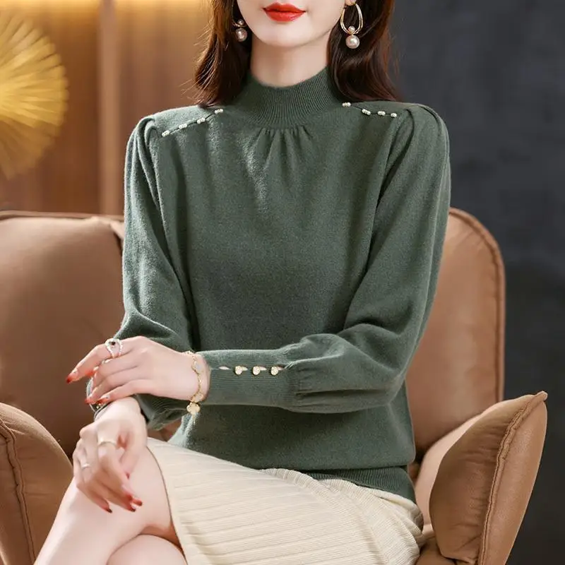 Korean Fashion Half High Collar Elegant Chic Beads Knitted Sweater Women Fall Winter Loose Long Sleeve Solid Pullover Top Jumper
Korean Fashion Half High Collar Elegant Chic Beads Knitted Sweater Women Fall Winter Loose Long Sleeve Solid Pullover Top Jumper