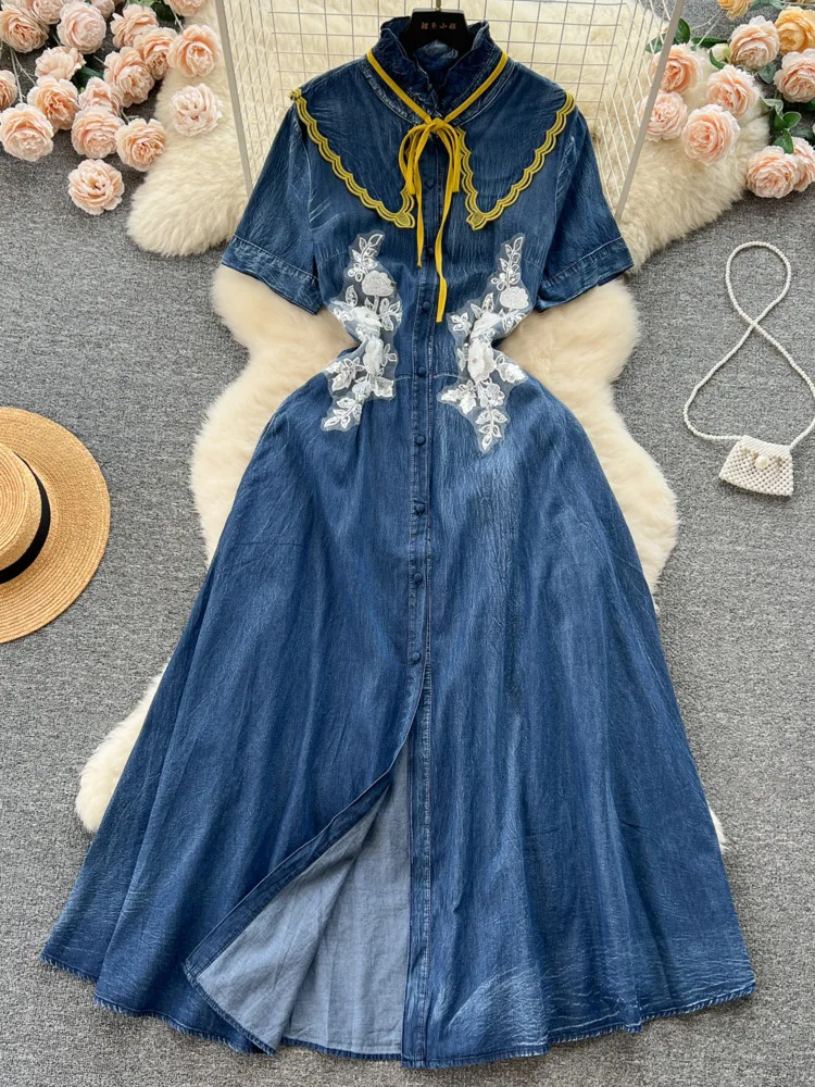 Женское винтажное джинсовое платье-рубашка, повседневное однобортное длинное платье составного кроя с кружевной вышивкой и воротником-стойкой на лето
Женское винтажное джинсовое платье-рубашка, повседневное однобортное длинное платье составного кроя с кружевной вышивкой и воротником-стойкой на лето