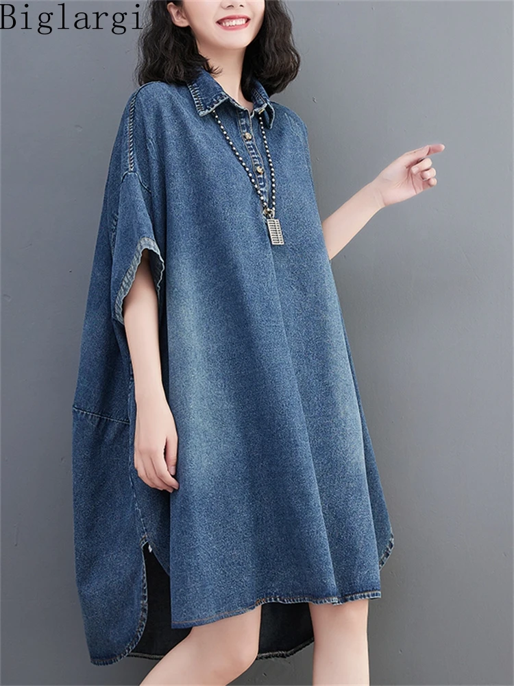 

Летнее женское асимметричное свободное джинсовое платье большого размера в Корейском стиле, Повседневный пуловер большого размера, синие Мини платья, женское Хлопковое платье