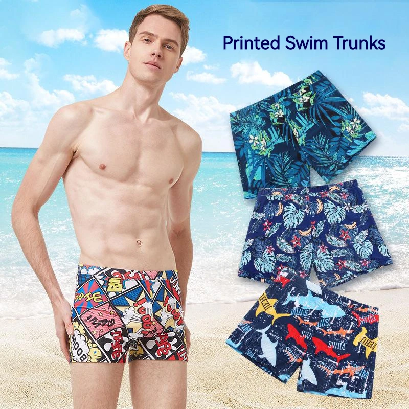 

(45-110Kg) New Men's Swimsuit Printing Swimwear Quick Dry Swimming Shorts Boxer Beach Seaside Suit Men Swim Trunks with Push Pad