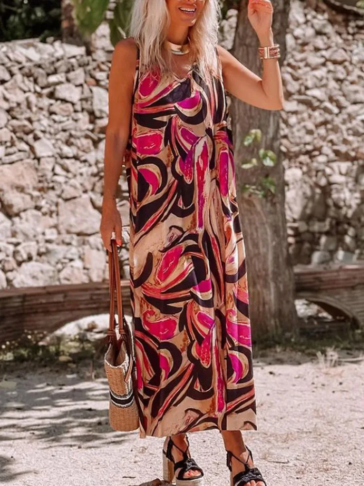 2022 Summer Pattern Print Boho Long Dress Women Spring V Neck Sleeveless Suspender Dress Elegant Off Shoulder Office Party Dress
2022 Summer Pattern Print Boho Long Dress Women Spring V Neck Sleeveless Suspender Dress Elegant Off Shoulder Office Party Dress