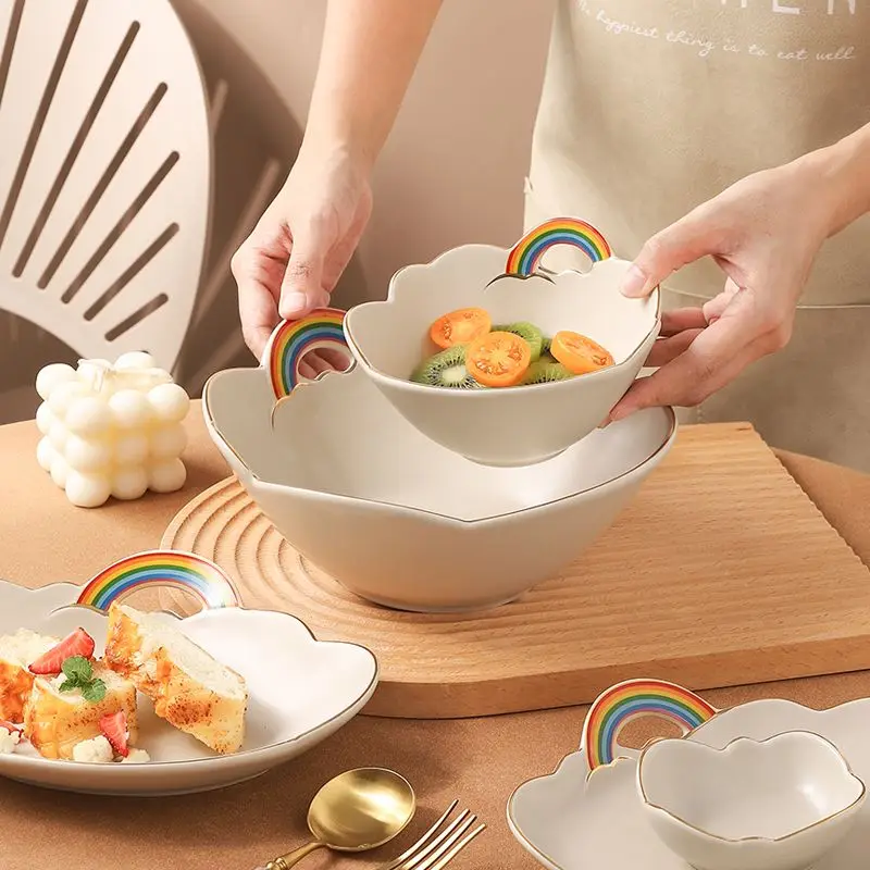 

Набор керамической посуды, креативная Радужная миска, тарелка для супа, миска для риса, бытовая тарелка для фруктов, салатов, столовая посуд...