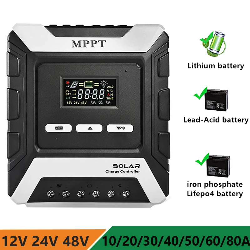 10A/20A/30A/40A/50A/60A/80A 12V/24V/48V Auto MPPT Solar Charge Controller Regulator for Lithium/Lead-Acid/Iron Phosphate Battery
10A/20A/30A/40A/50A/60A/80A 12V/24V/48V Auto MPPT Solar Charge Controller Regulator for Lithium/Lead-Acid/Iron Phosphate Battery