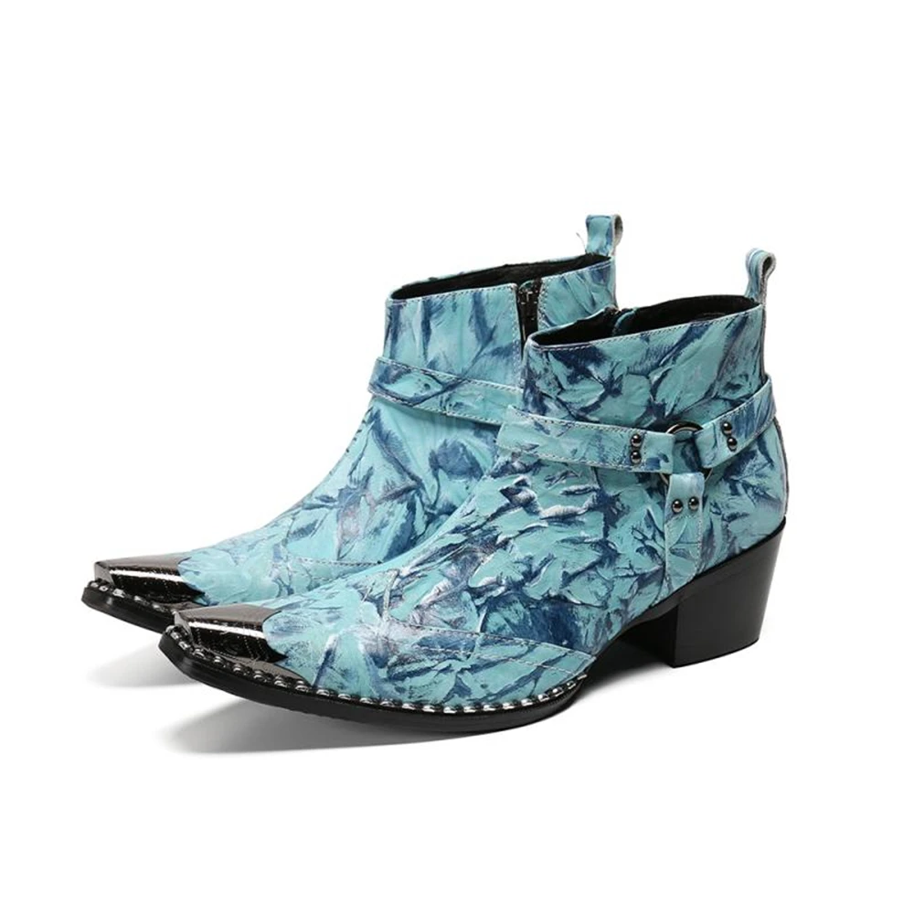Blue Genuine Leather High Heels Pointed Toe Print With Metal Rivet Boots Male Prom Perform Wedding British Style Dress Shoes
Blue Genuine Leather High Heels Pointed Toe Print With Metal Rivet Boots Male Prom Perform Wedding British Style Dress Shoes