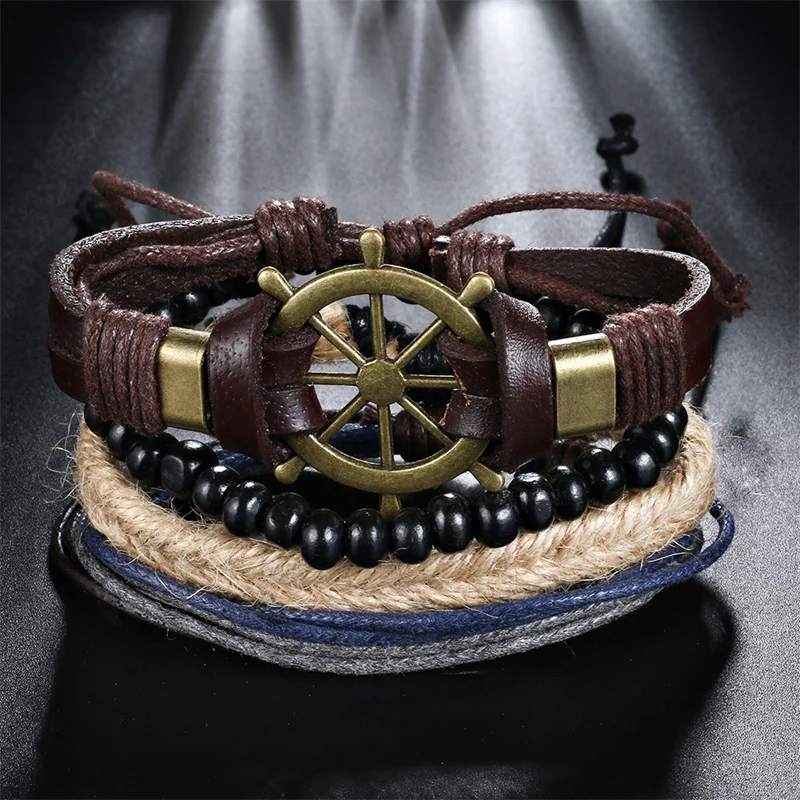 

Новый Винтажный Мужской Многослойный кожаный браслет ручной работы с бусинами из пеньковой веревки для мужчин ювелирные изделия в подарок